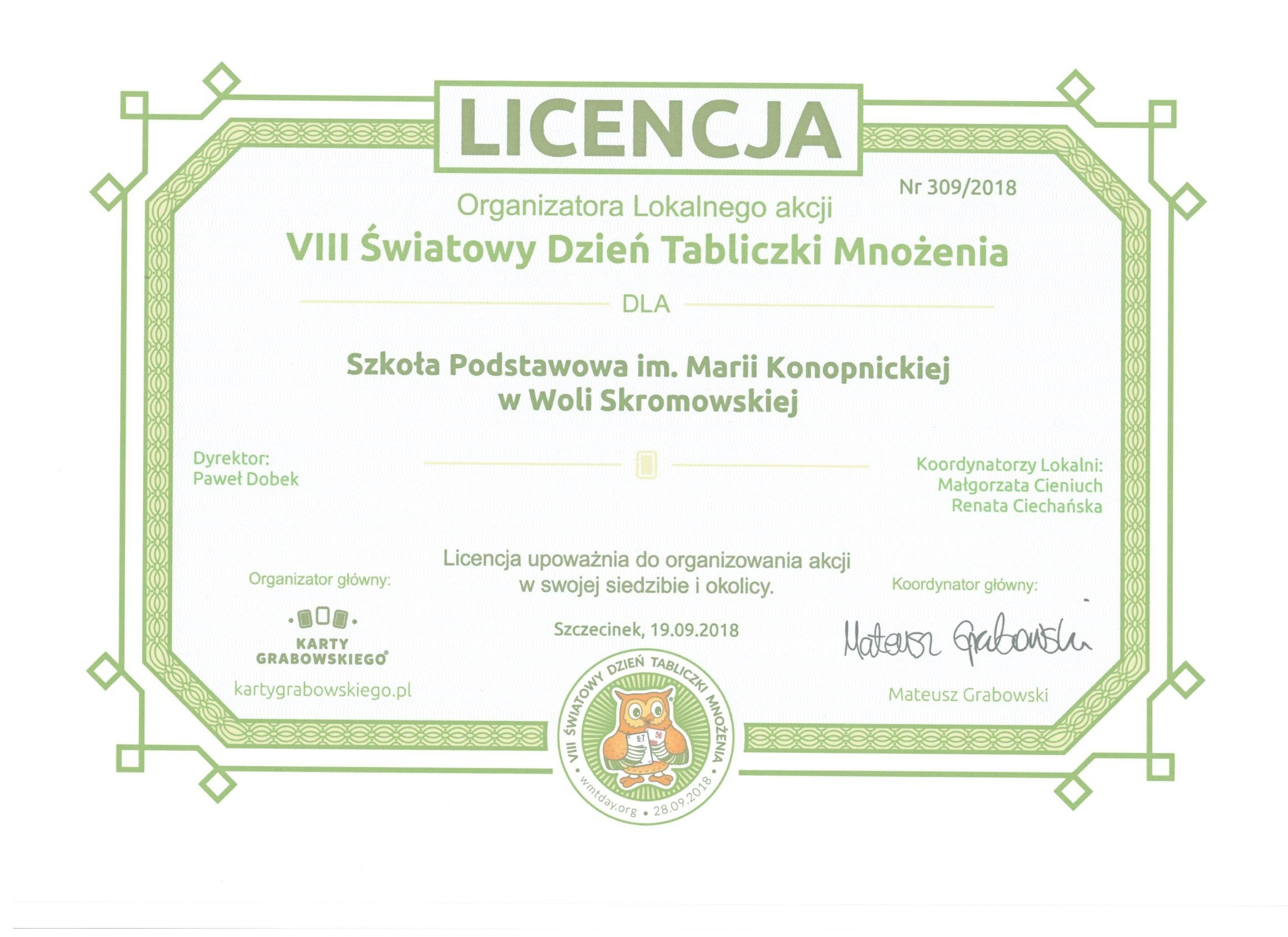 licencja tabliczka 2018